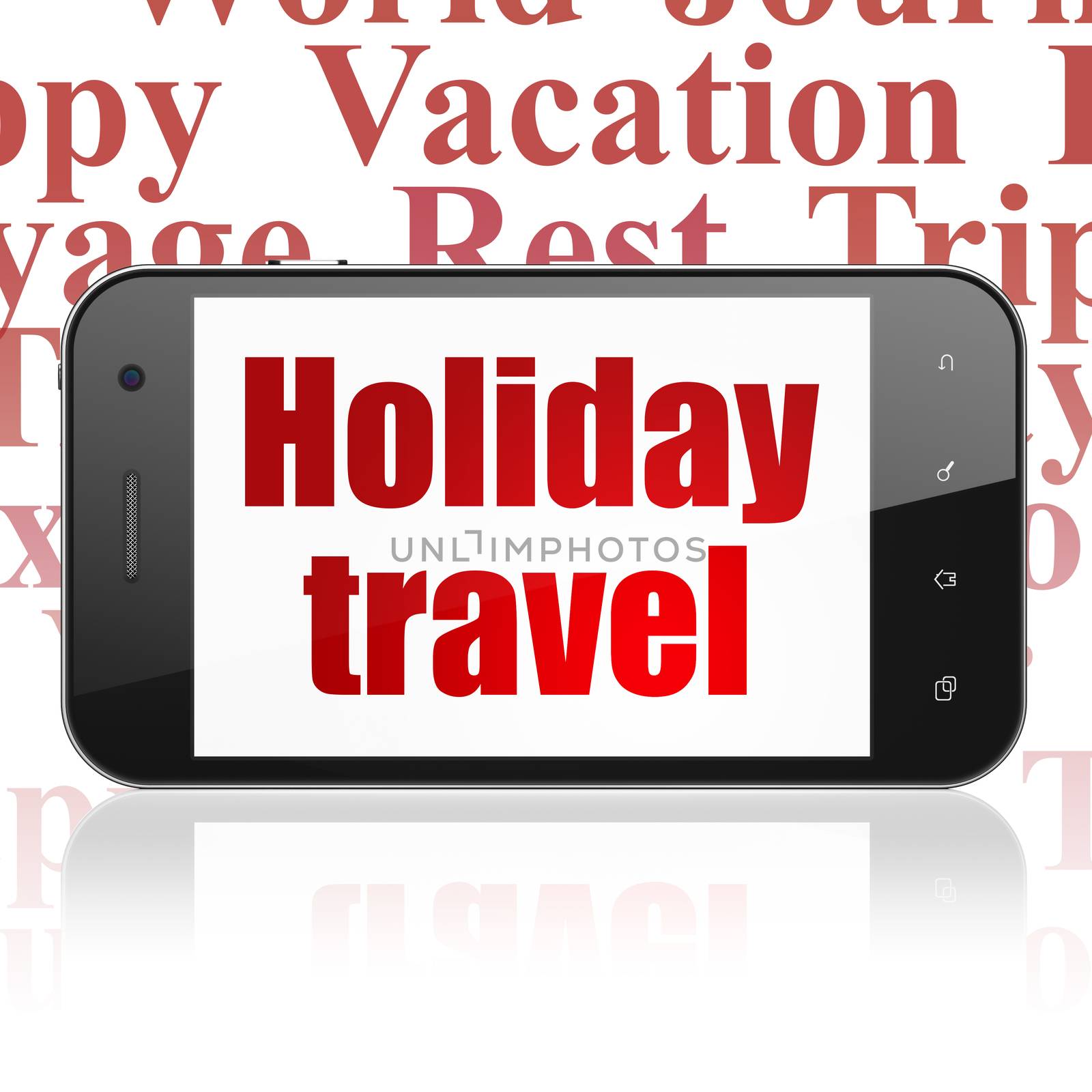 Travel concept: Smartphone with  red text Holiday Travel on display,  Tag Cloud background, 3D rendering