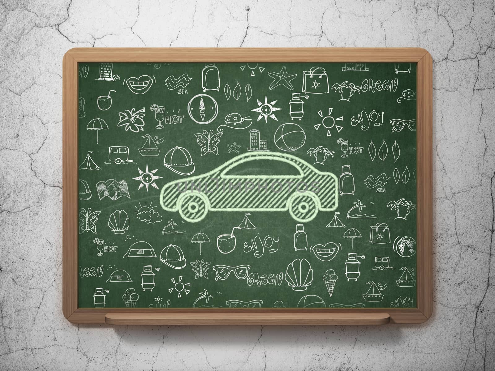 Tourism concept: Chalk Green Car icon on School board background with  Hand Drawn Vacation Icons, 3D Rendering
