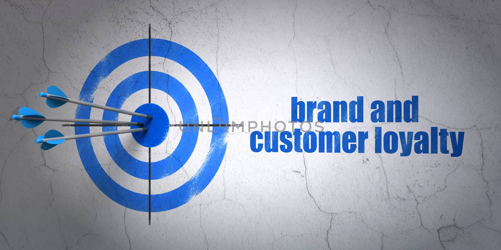 Success advertising concept: arrows hitting the center of target, Blue Brand and Customer loyalty on wall background, 3D rendering
