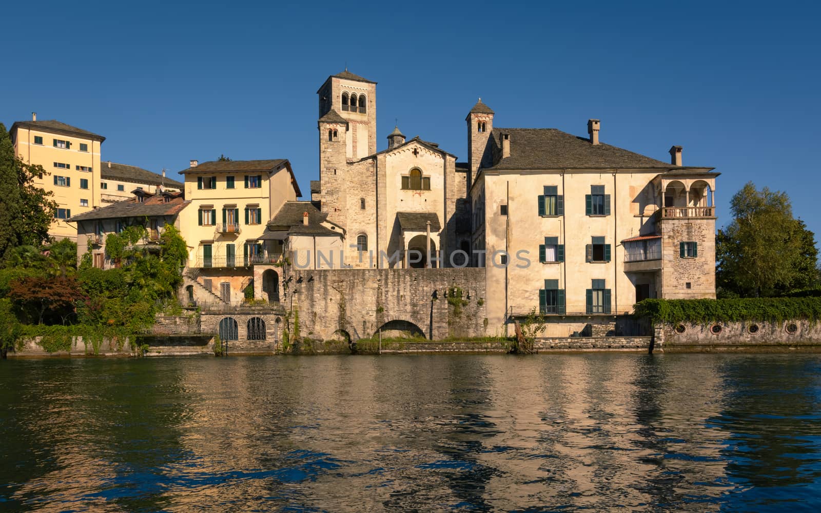 A View of Benedictine monastery at San Giulio island, Lake Orta, Italy