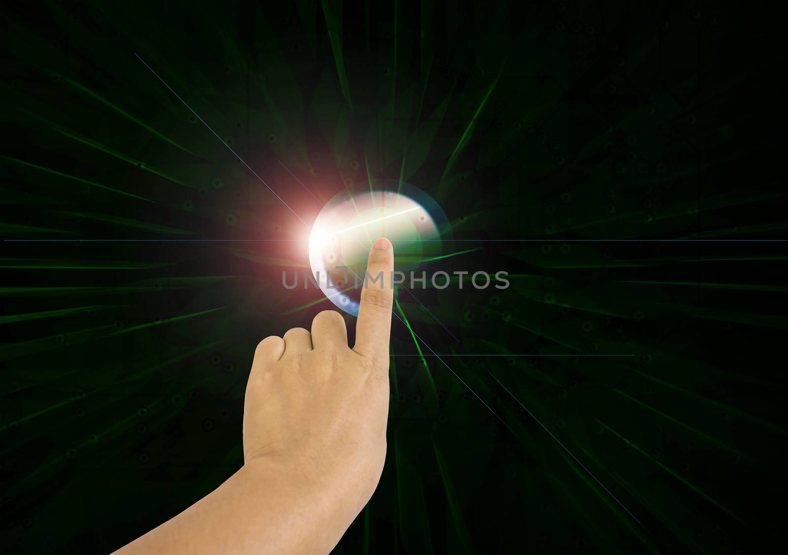 Hand and finger press or push big button or node on electronic technolgy dark background