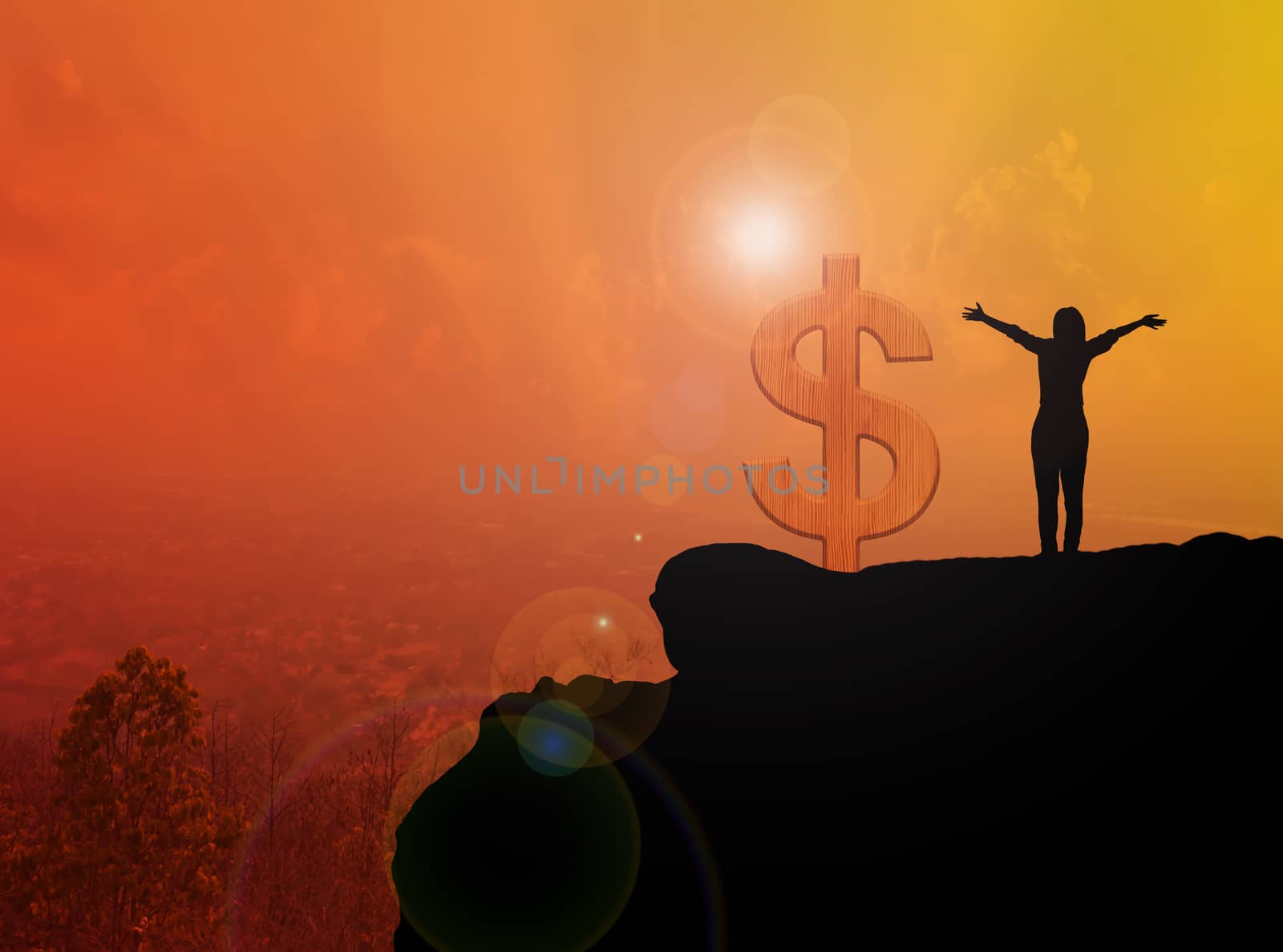 Women silhouette on cliff with dollar symbol on blurred city topview with sunlight effect, money freedom concept