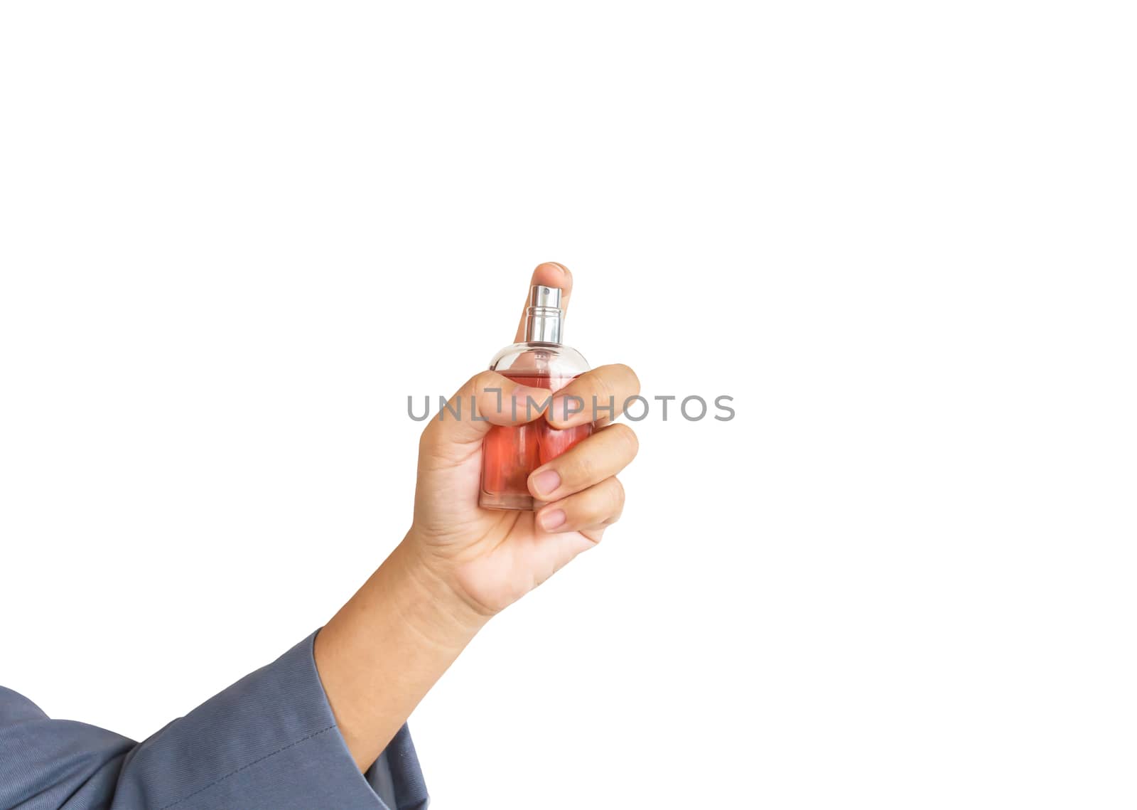 Isolated business women hand spraying or present bottle of perfume on white background 