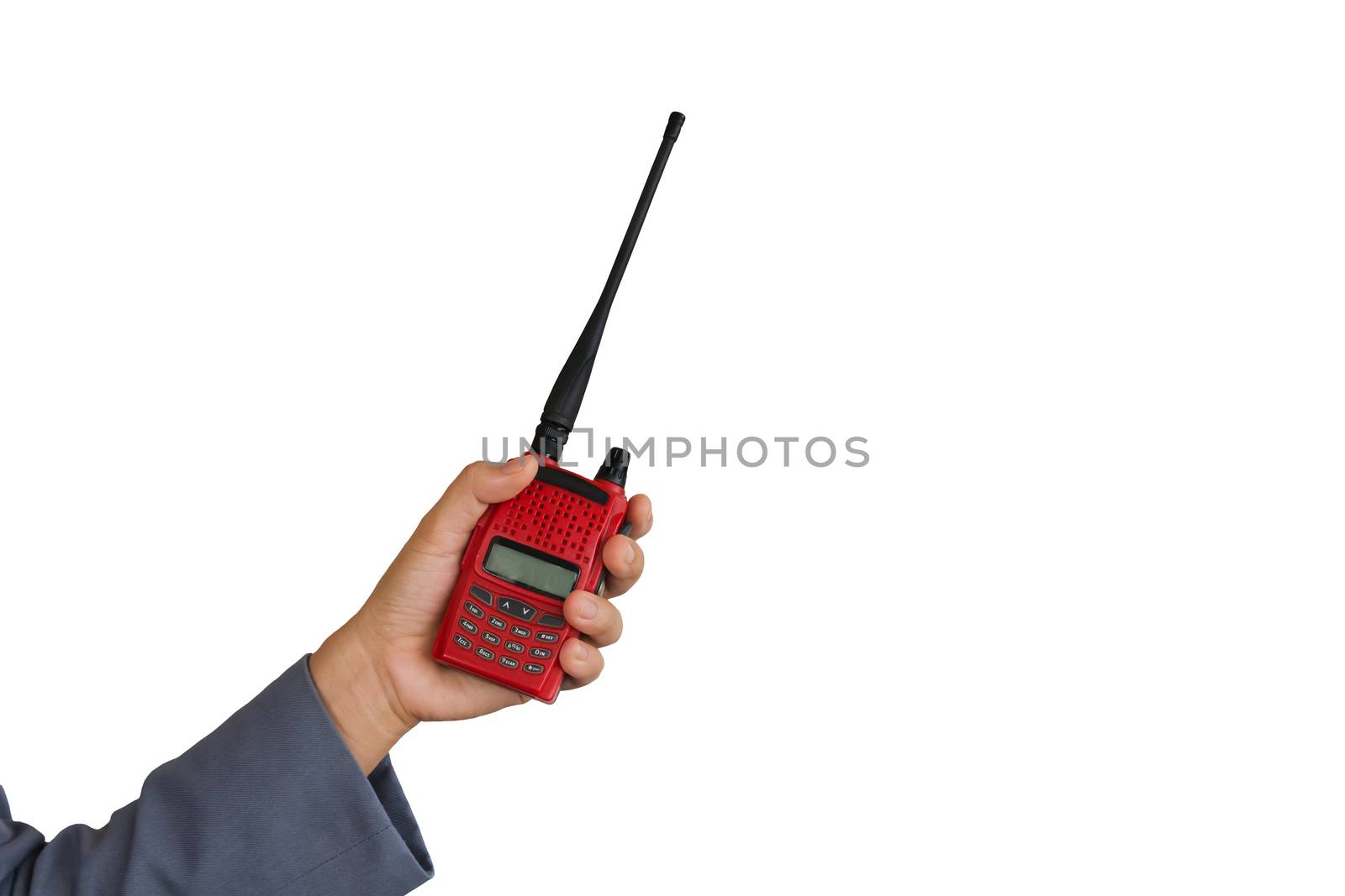 Red radio communication on business women hand