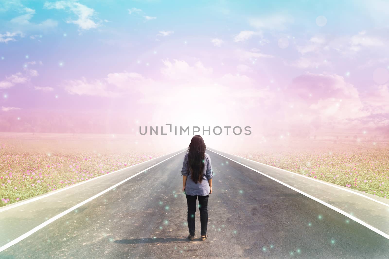  Back or rare of women standing on pavement road with dreamy morning sunlight, flower field  and lensflare background with copy space, concept road to heaven