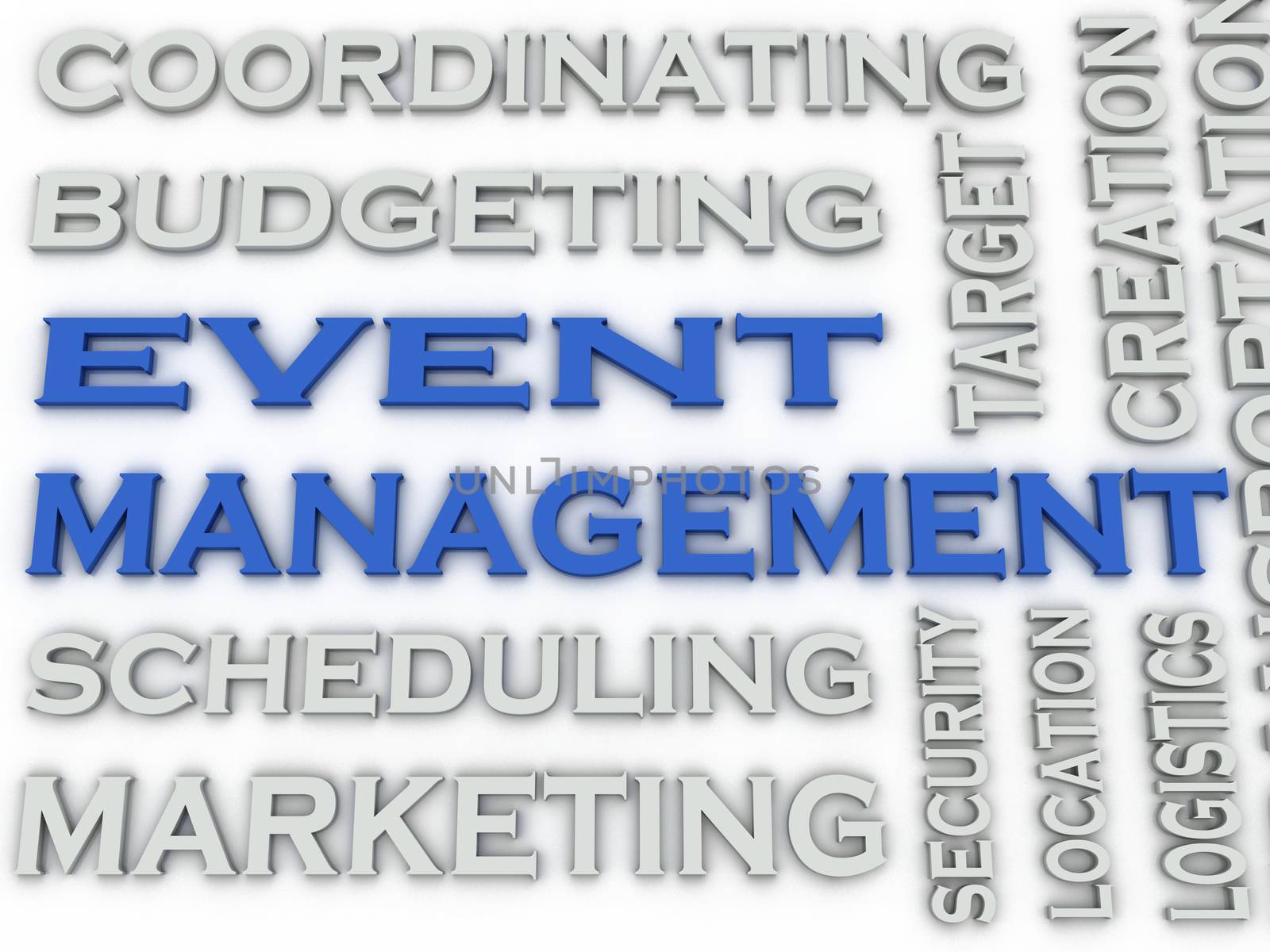 3d image Event Management word cloud concept by dacasdo