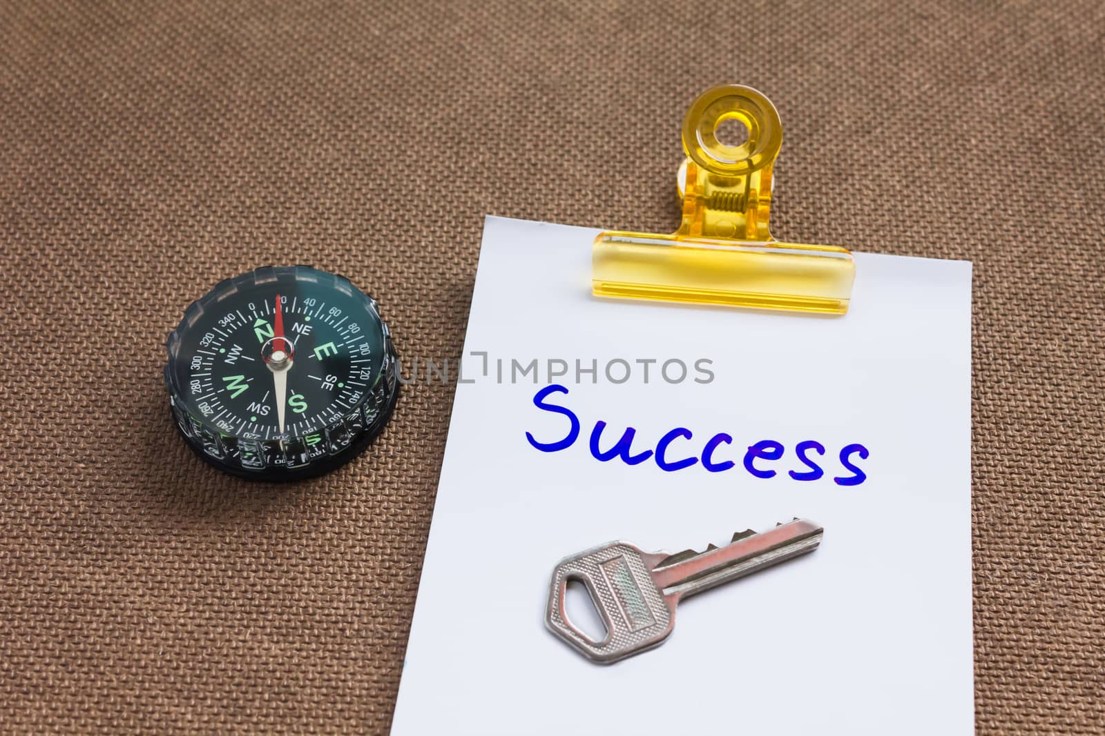 compass with text success in business concept and key background