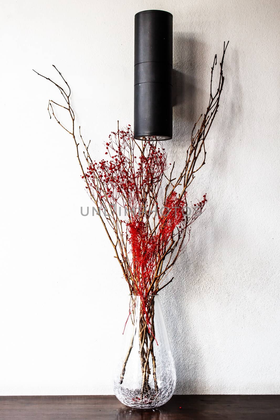 Red dry flower in vase glass