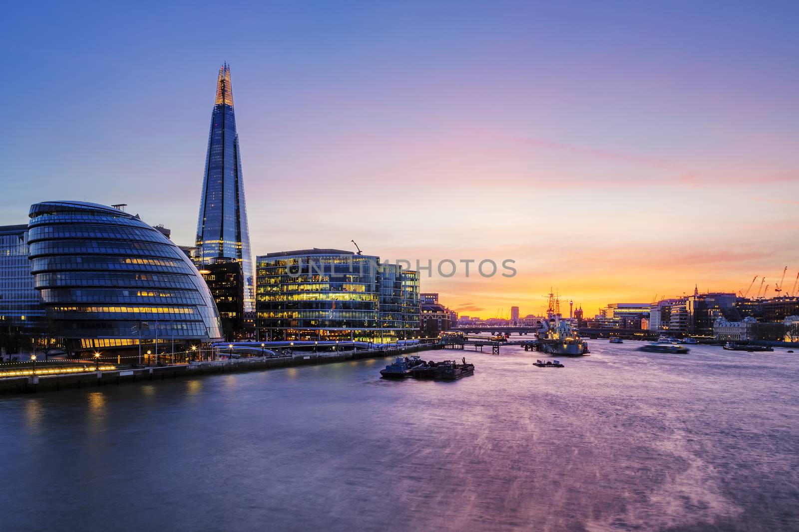 View of London city at sunset.