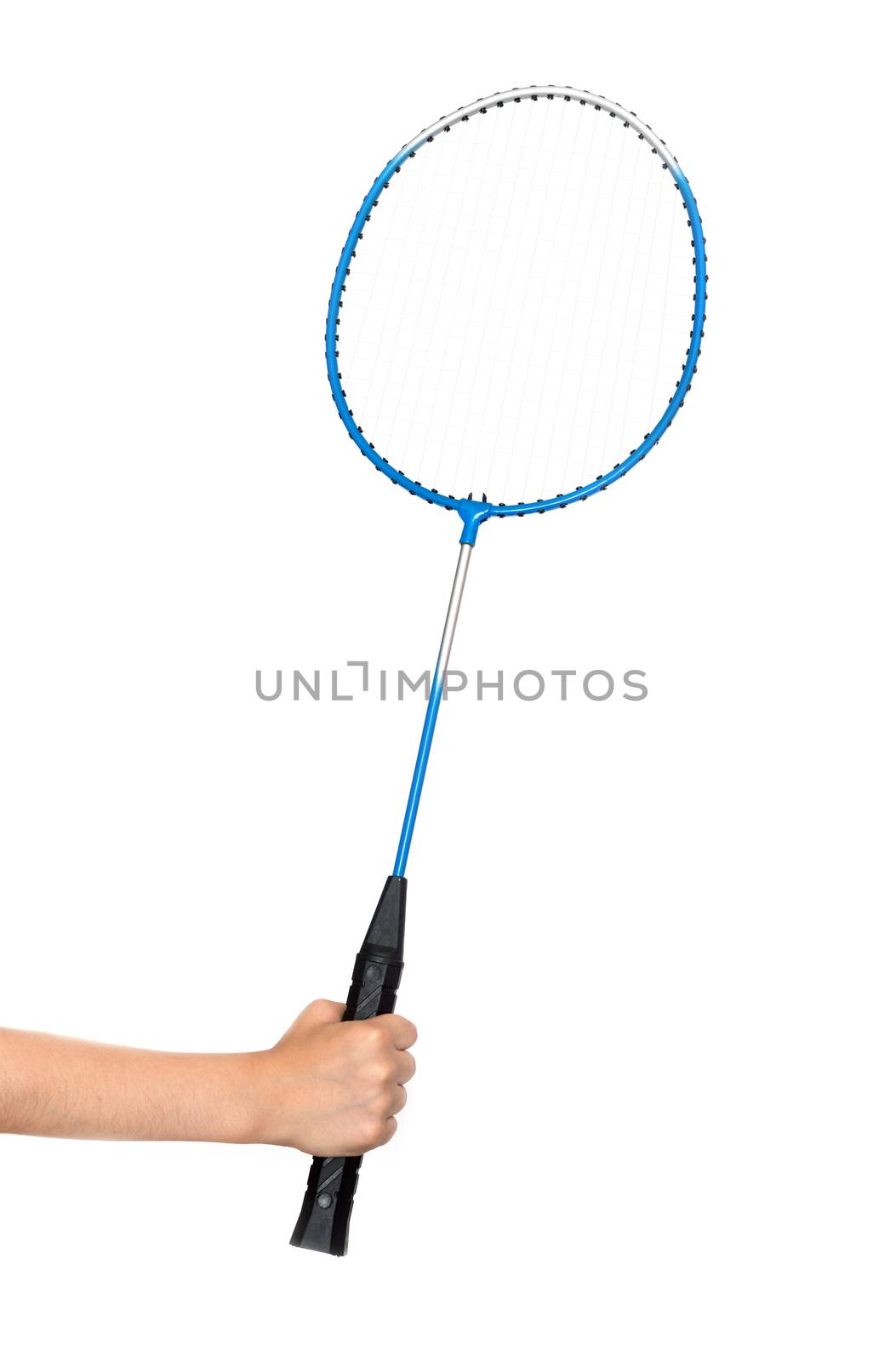 child's hand holding a badminton racket on a white by DNKSTUDIO