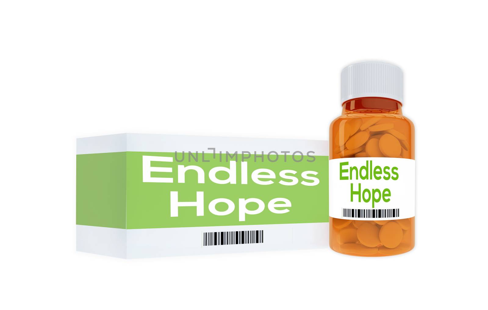 3D illustration of "Endless Hope" title on pill bottle, isolated on white.