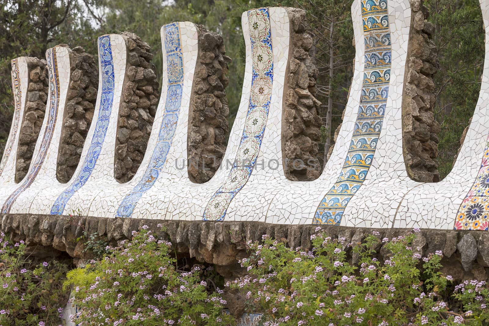 Details of  ceramic Gaudi  mosaic  in Park Guell, Barcelona , Spain