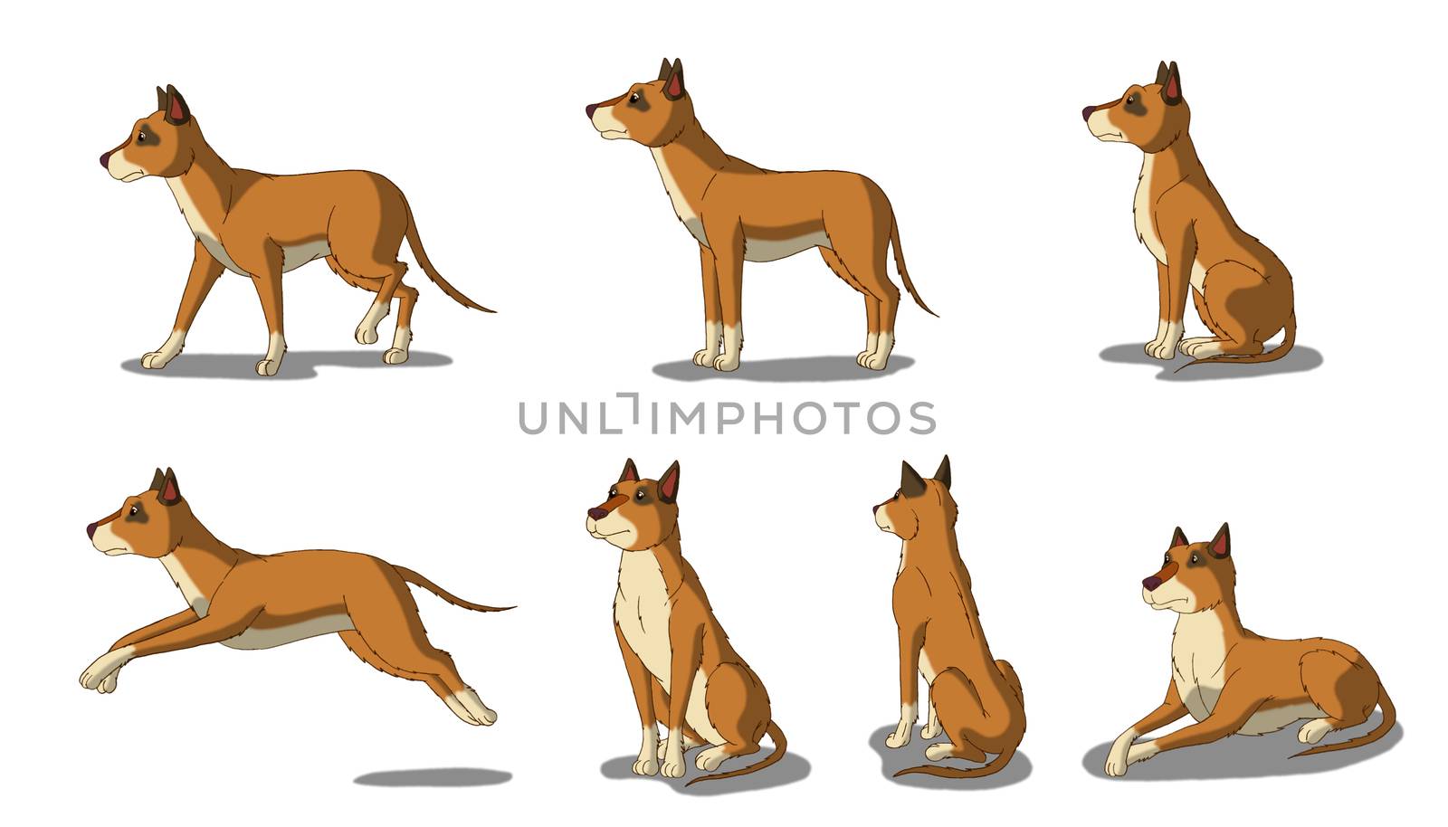 Set of Brown Dog images.  Digital painting  full color cartoon style illustration isolated on white background.