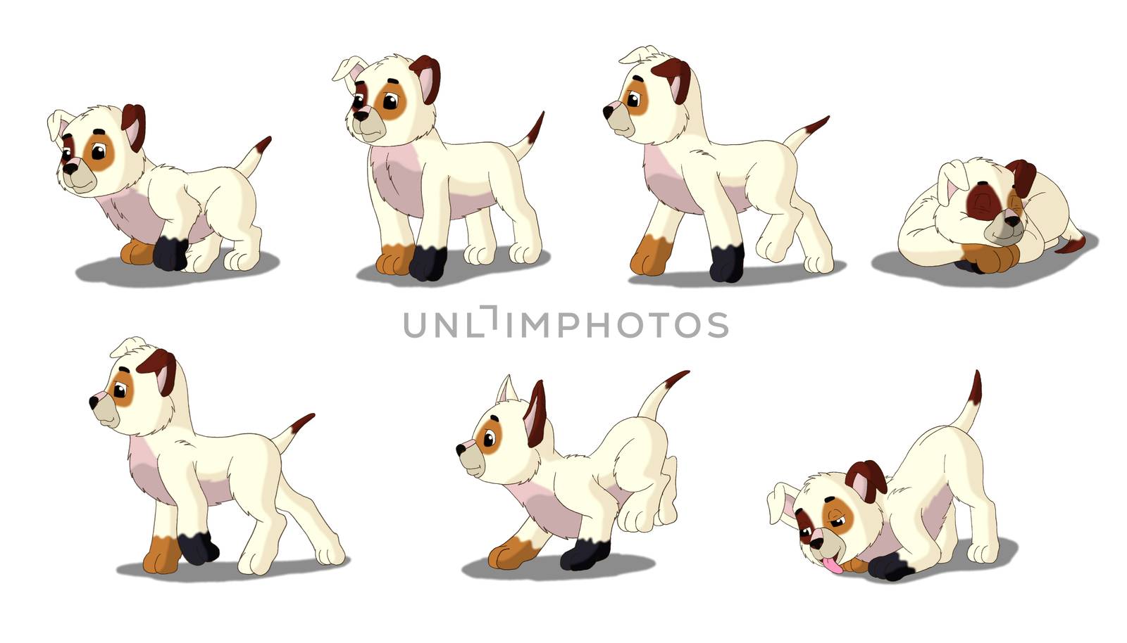 Set of white Puppy images.  Digital painting  full color cartoon style illustration isolated on white background.