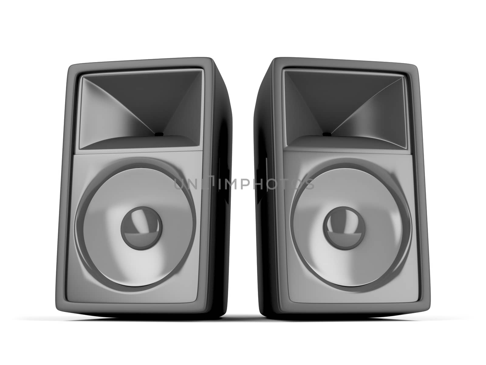 Pair of big loudspeakers on white background 