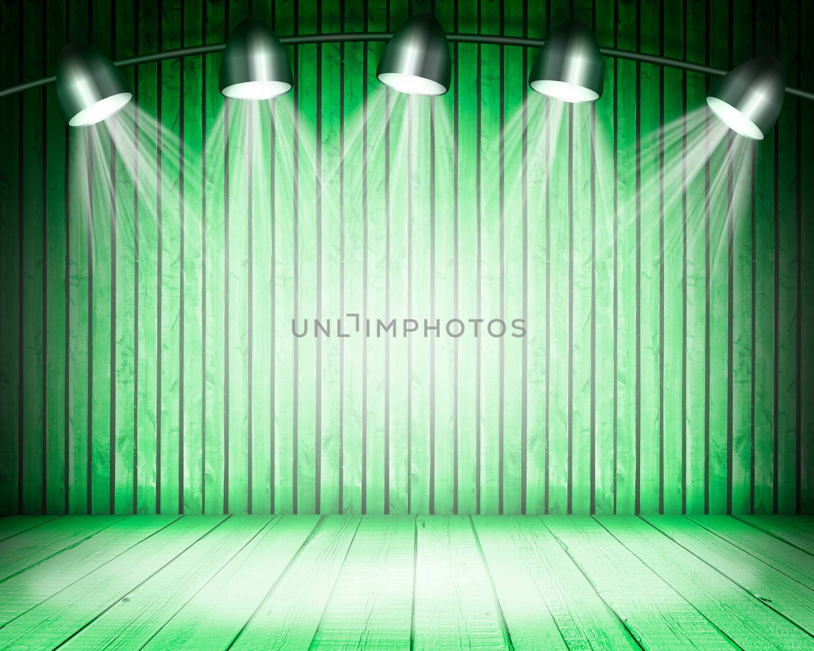 Illuminated empty green concert stage with soffits. 3D illustration