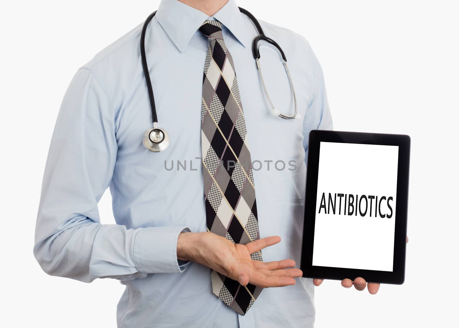 Doctor, isolated on white backgroun,  holding digital tablet - Antibiotics