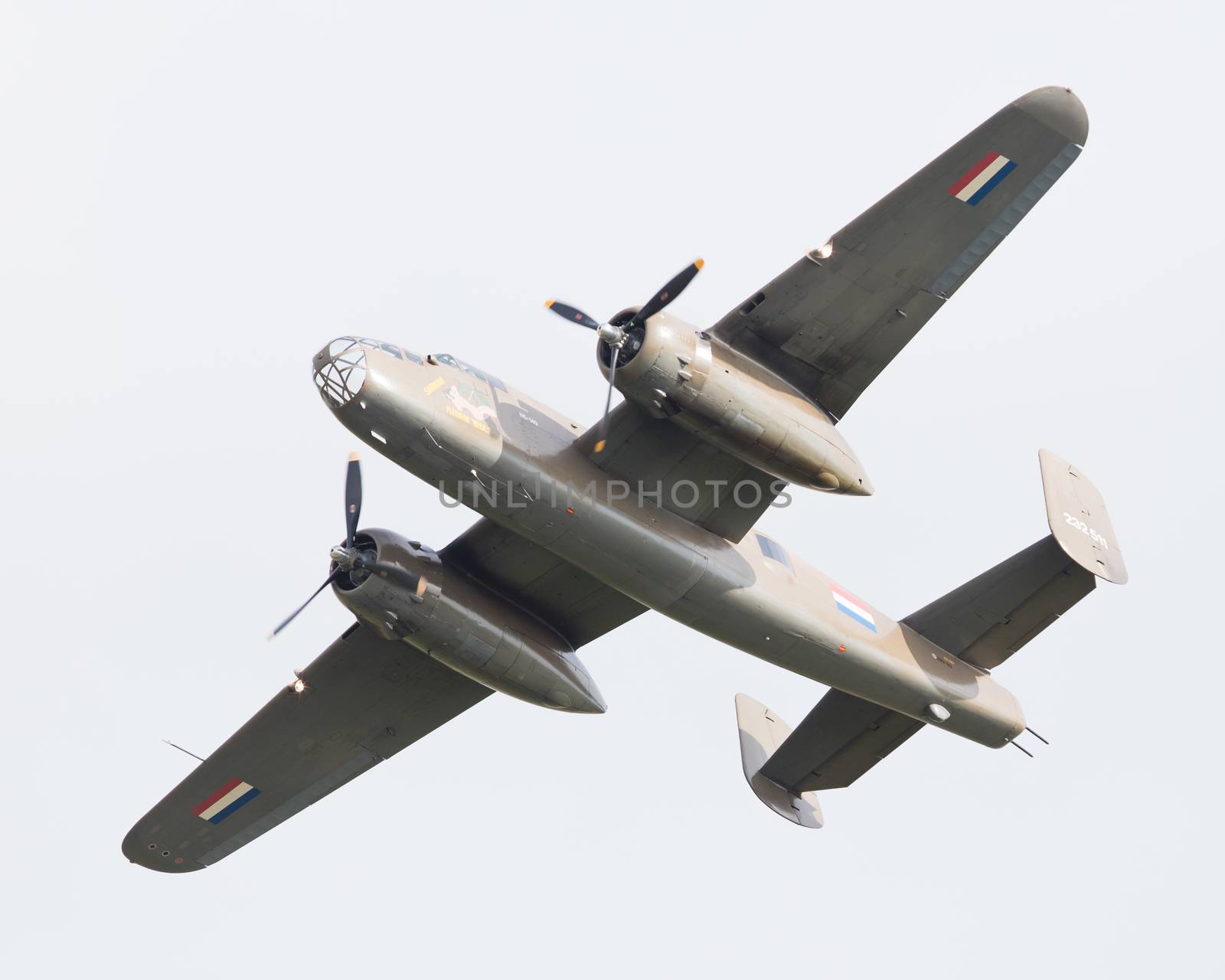 LEEUWARDEN, THE NETHERLANDS - JUNE 10: WW2 B-25 Mitchell bomber in Dutch markings during the Dutch Air Force Open House. June 10, 2016 in Leeuwarden, The Netherlands