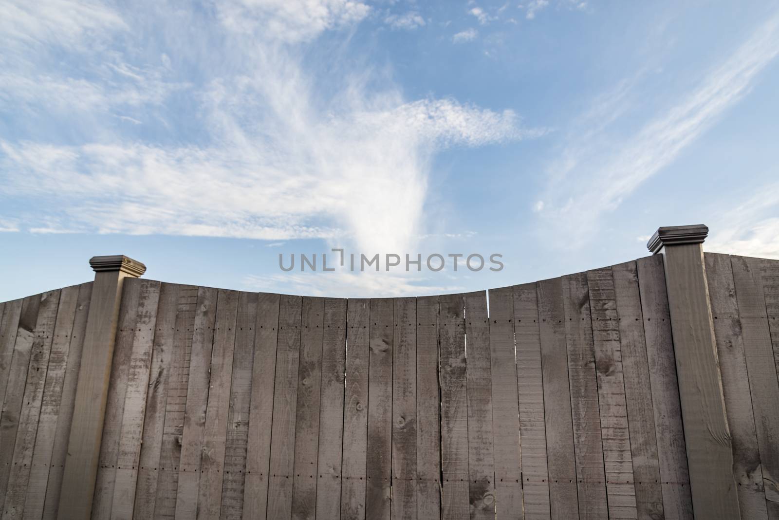 A section of vertical, overlapped wooden garden fence in closeup in the sun with shadows