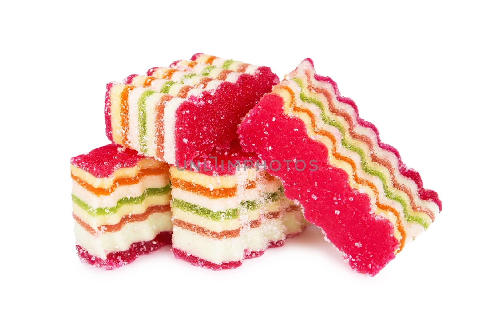 Delicious colorful marmalade isolated on white background. Colorful fruit jelly candy. Various fruit candy