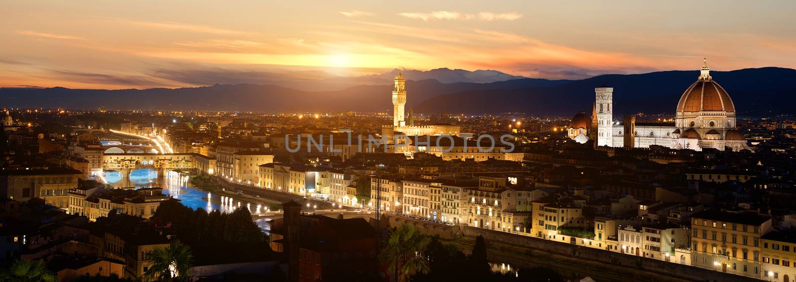 Panoramic sunset over cathedral of Santa Maria del Fiore in Florence, Italy