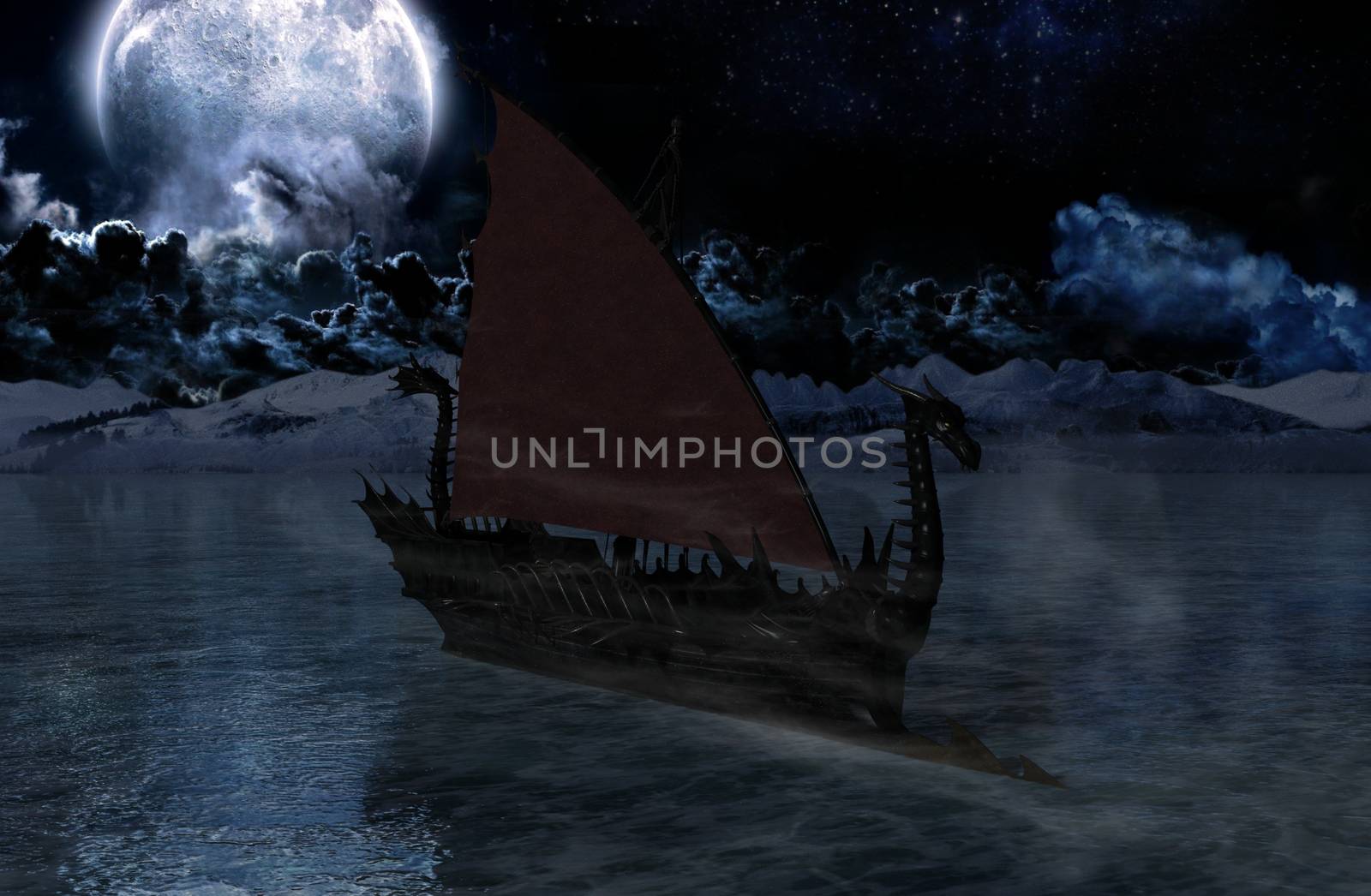 Viking warship at moonlight - 3D rendering