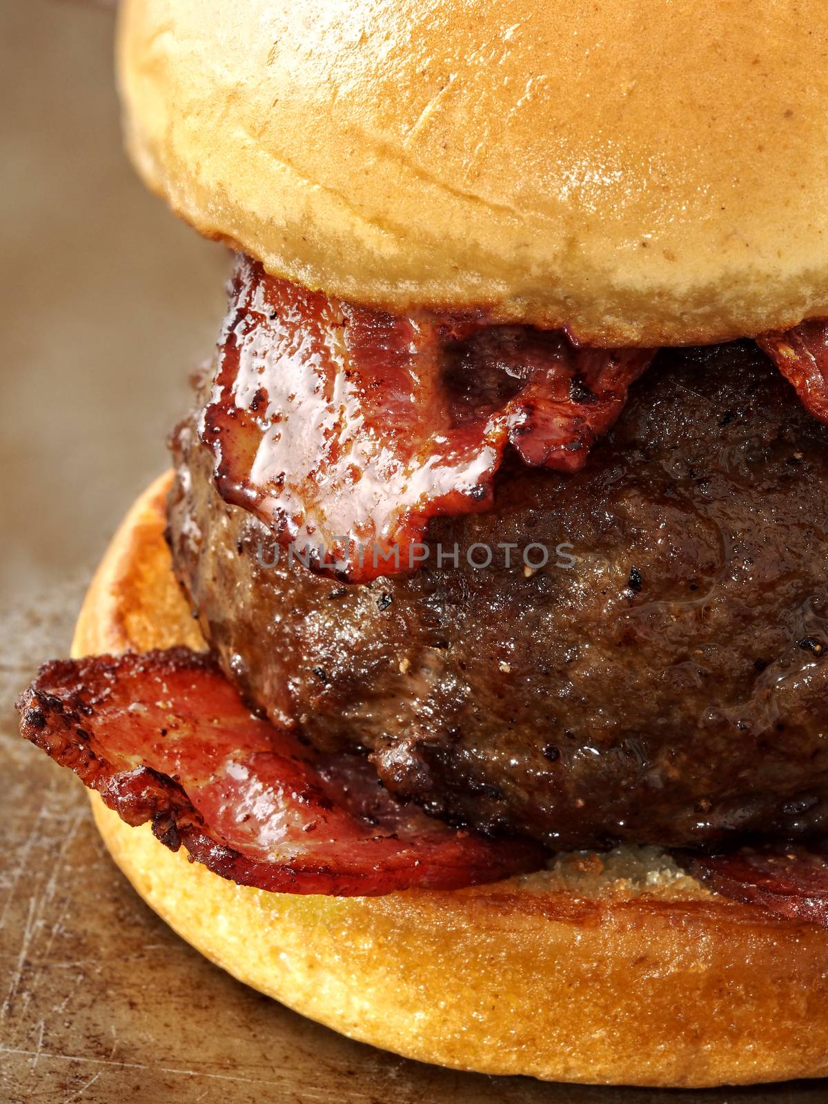 close up of rustic carnivore meat lover hamburger