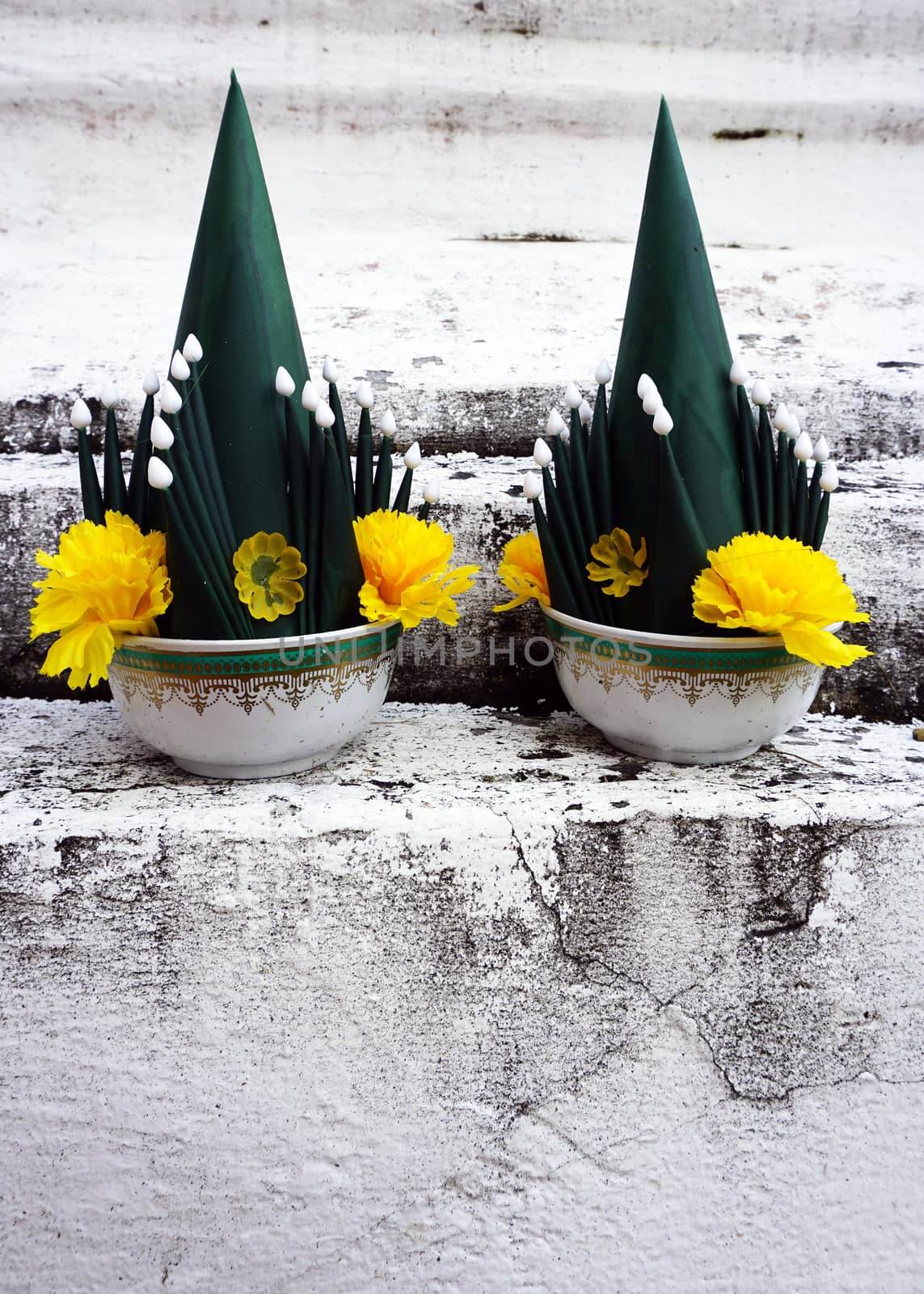 Pair of Art of banana leaf and flower buddhism, culture of thailand, ceremony bai sri