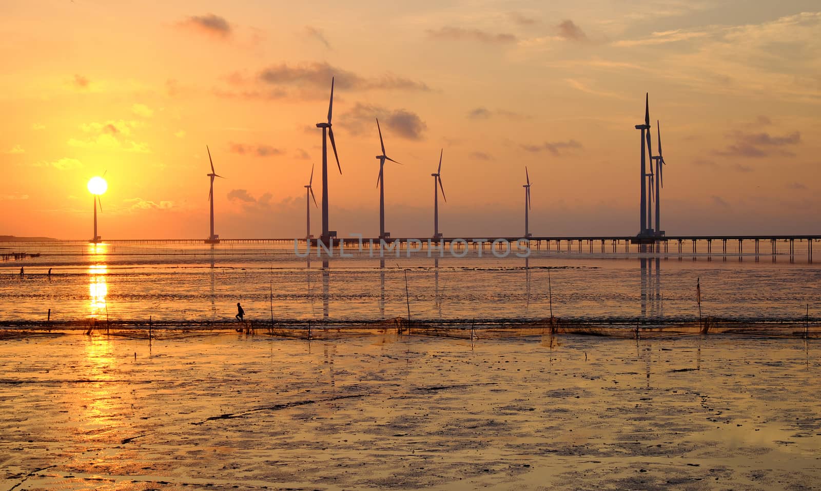 Group of wind turbines of Bac Lieu wind power plant at Mekong Delta, Vietnam. Windmill at Baclieu seaside at sunrise, make clean energy for Viet nam industry