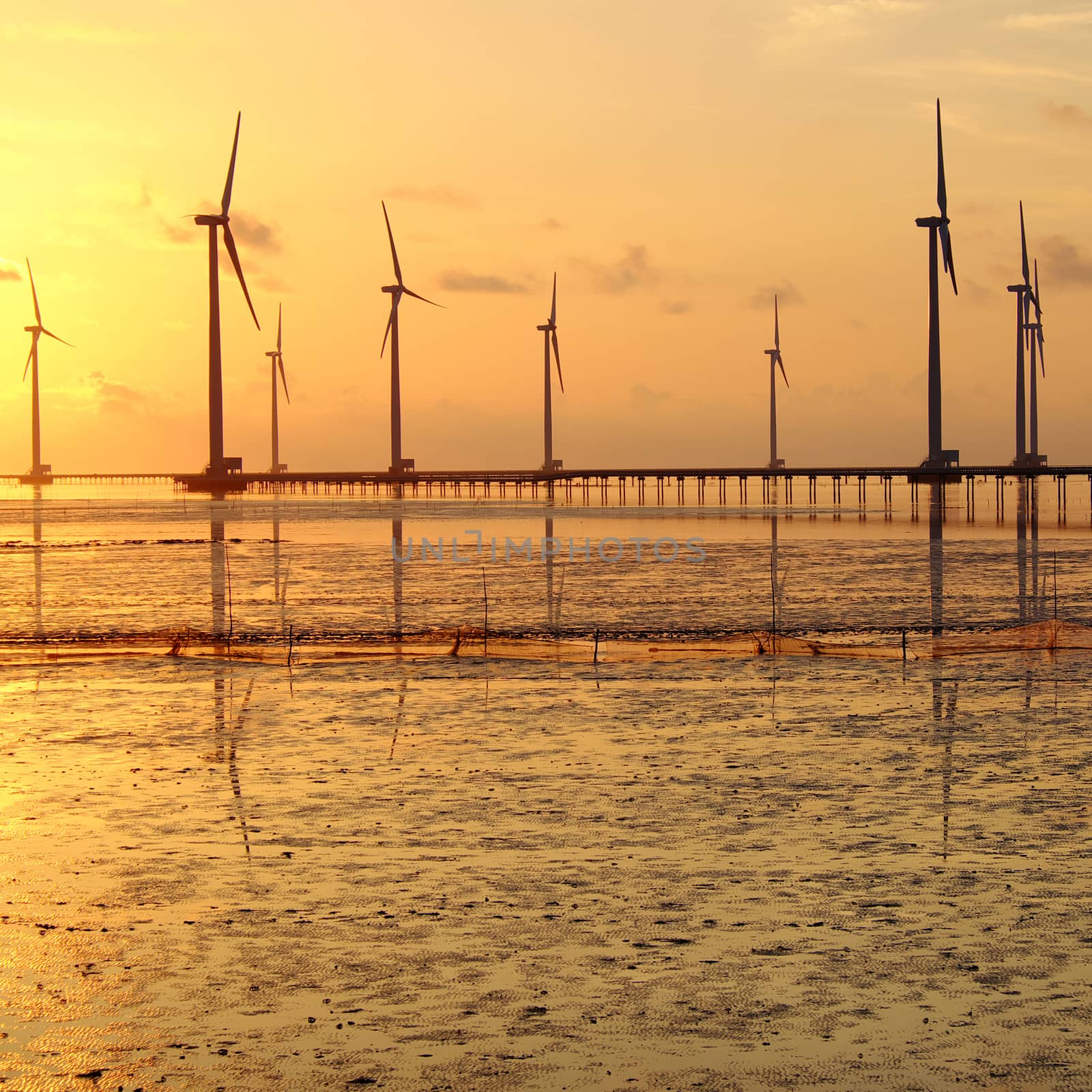 Group of wind turbines of Bac Lieu wind power plant at Mekong Delta, Vietnam. Windmill at Baclieu seaside at sunrise, make clean energy for Viet nam industry