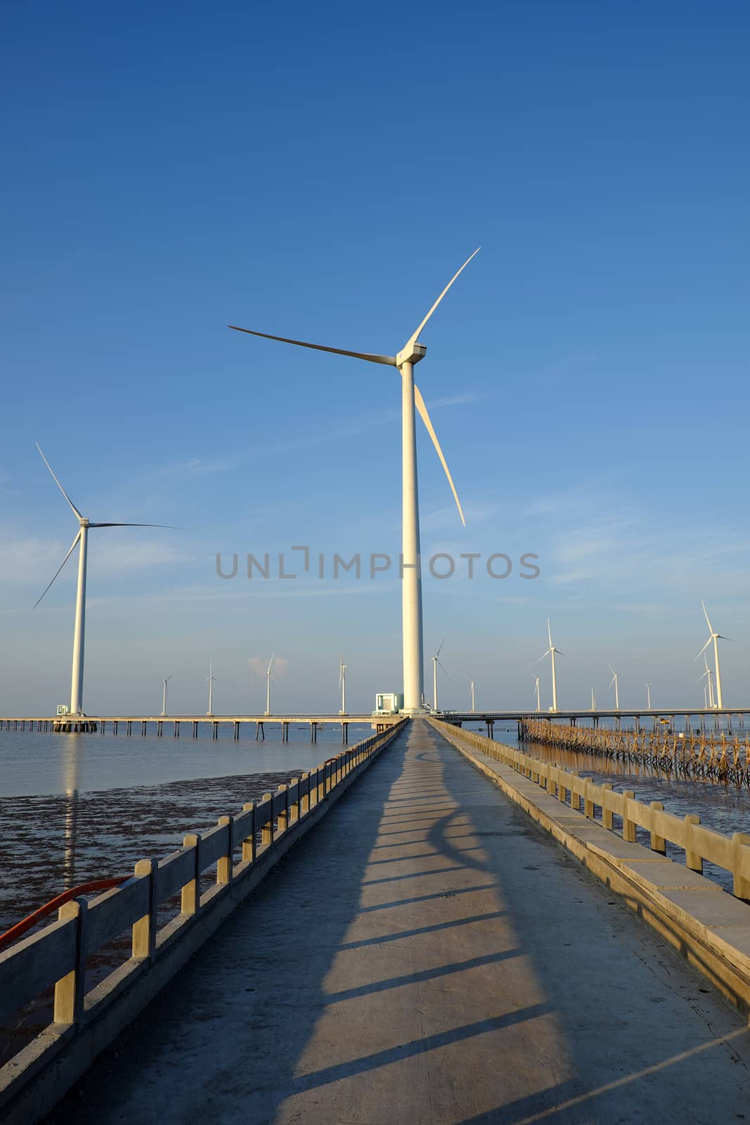 Group of wind turbines of Bac Lieu wind power plant at Mekong Delta, Vietnam. Windmill at Baclieu seaside at morning, make clean energy for Viet nam industry