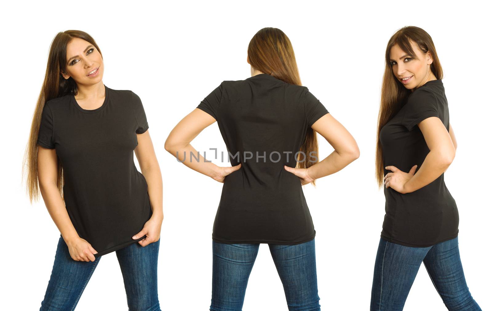 Young beautiful brunette woman with blank black shirt, front, back and side views. Ready for your design or artwork.