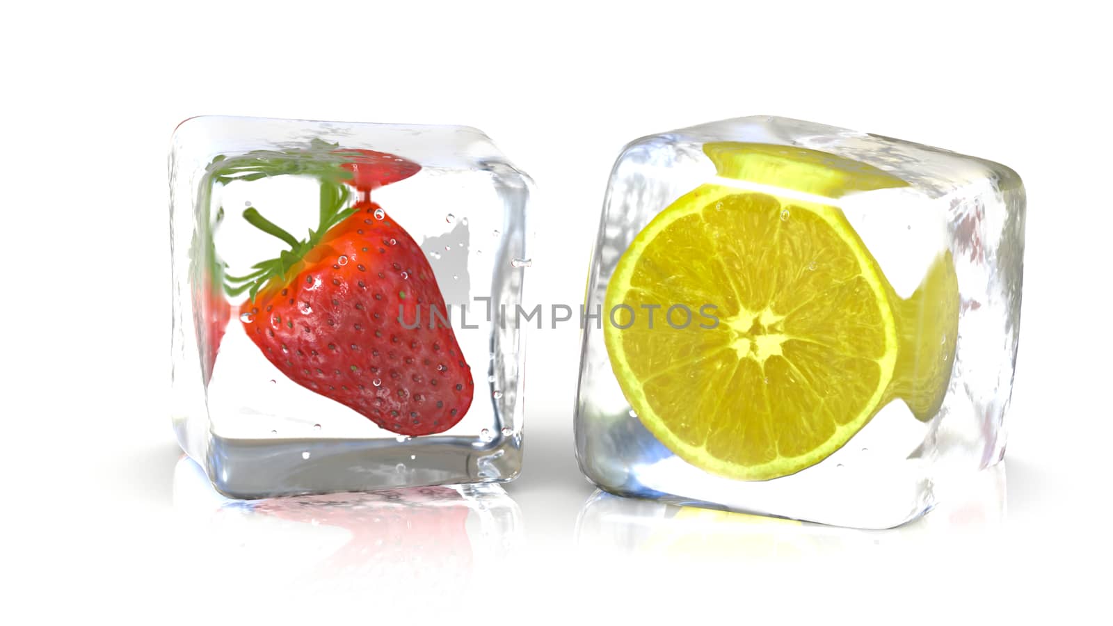 Strawberry and a lemon into fresh ice cubes. 3D Rendering