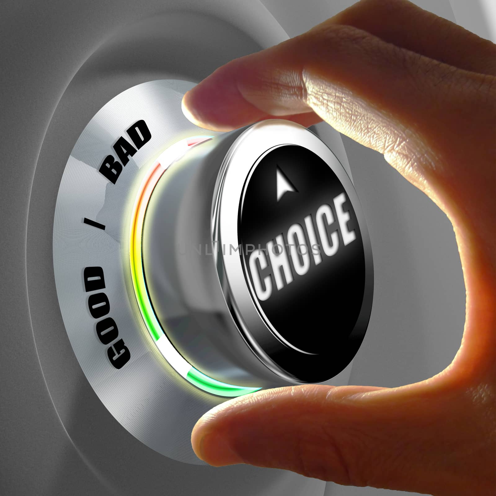 Hand selecting a good or a bad choice. Concept of making a decision. 3D Rendering