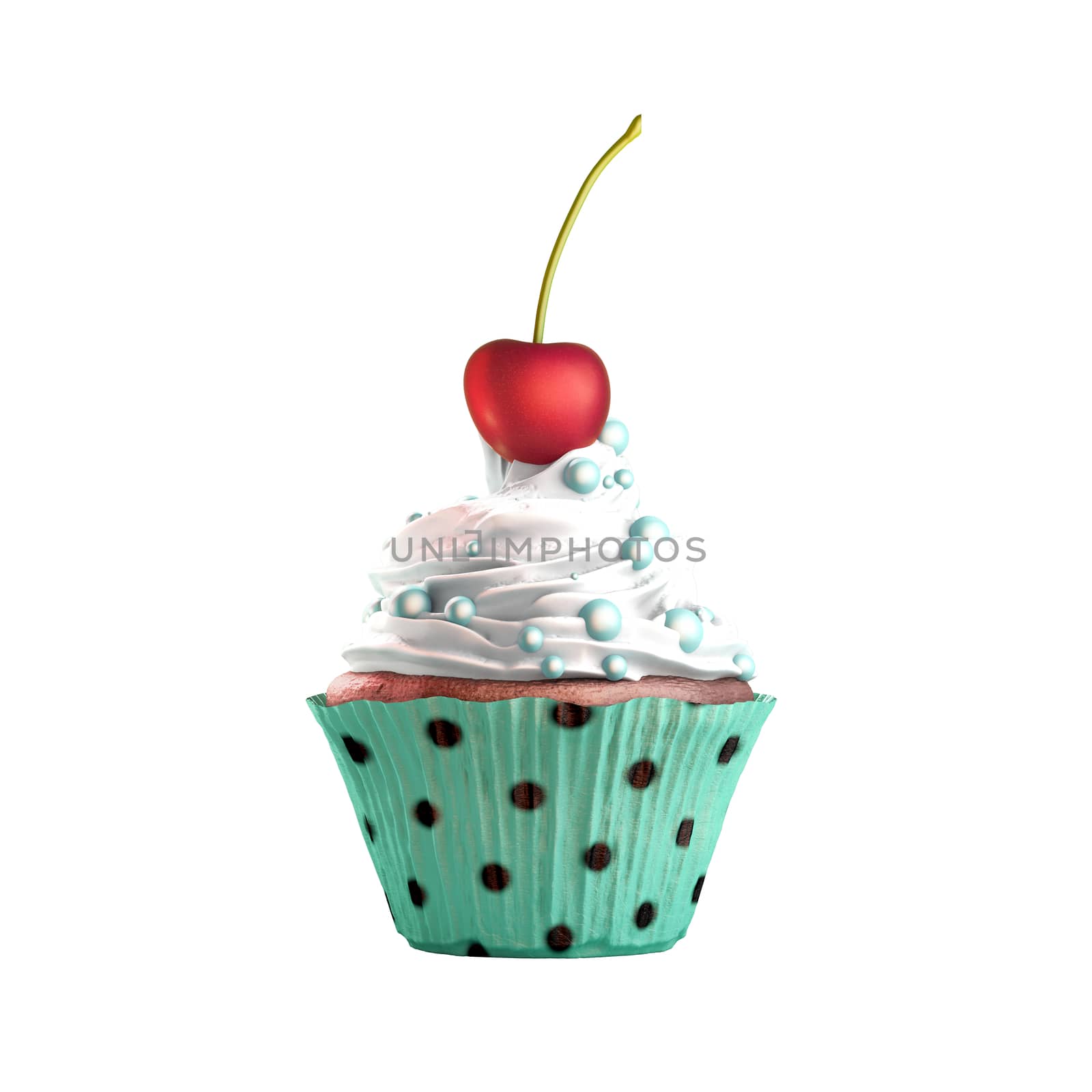 Isolated cupcake with cream and cherry. 3D Rendering by ytjo