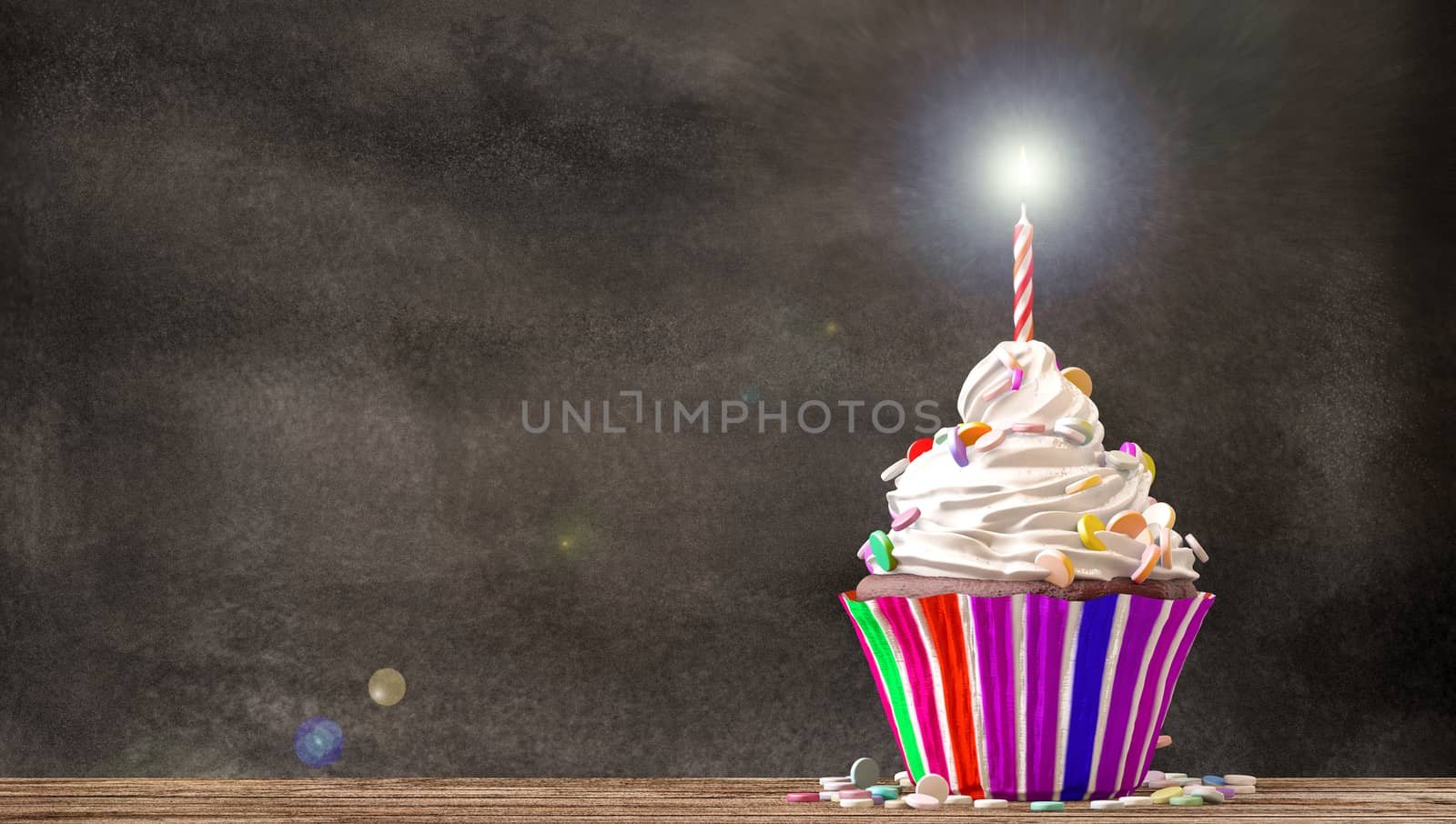 Cupcake with cream, candies and a candle on a wooden table with a blackboard background. Empty free copy space available. 3D Rendering