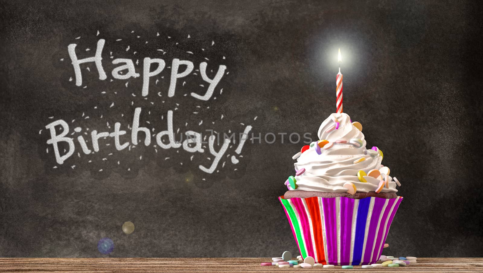 Cupcake with cream, candies and a candle on a wooden table with Happy Birthday written on a blackboard background. Empty free copy space available. 3D Rendering