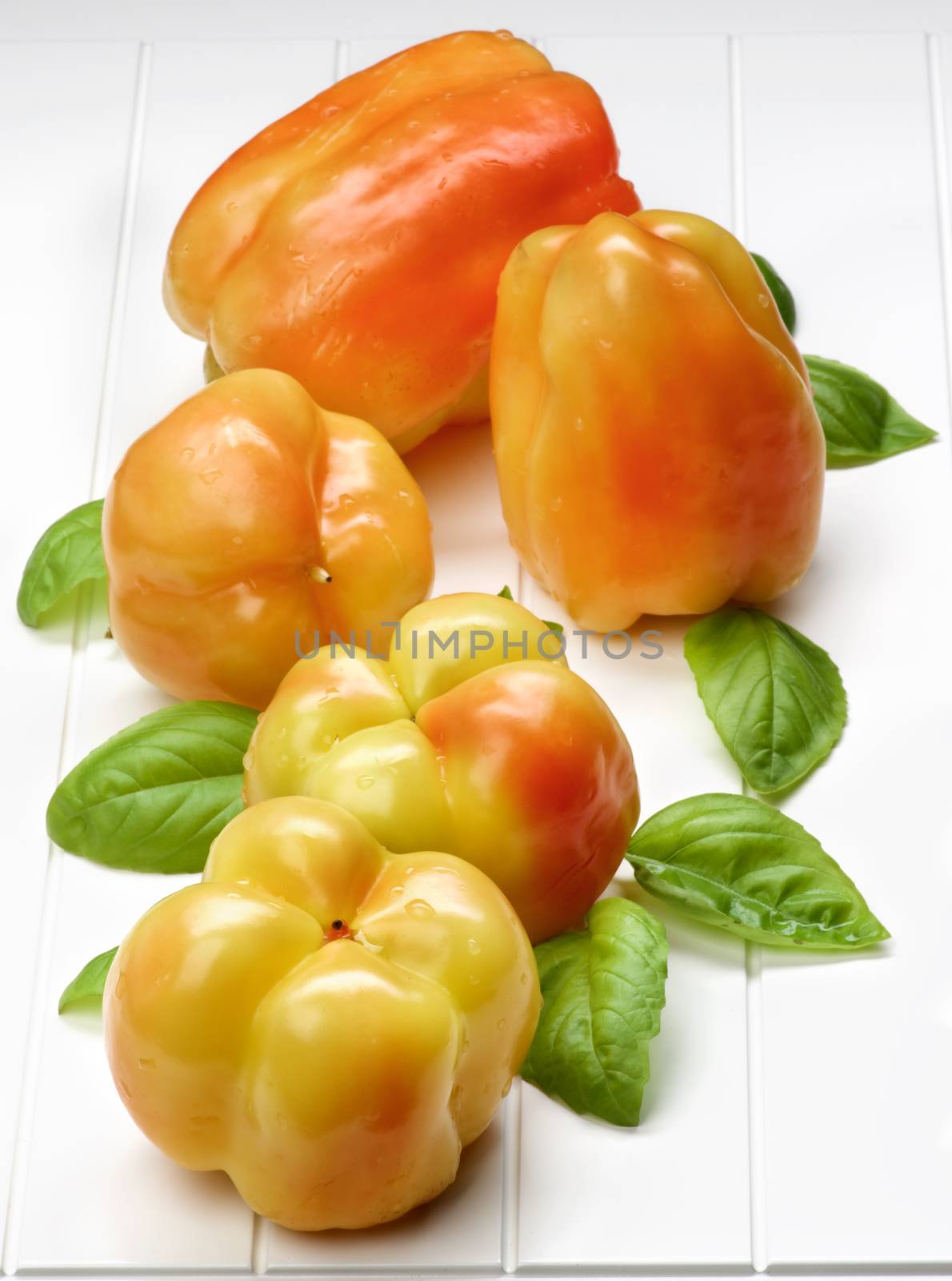 Arrangement of Fresh Ripe Yellow and Orange Bell Peppers with Green Basil Leafs closeup on White Plank background