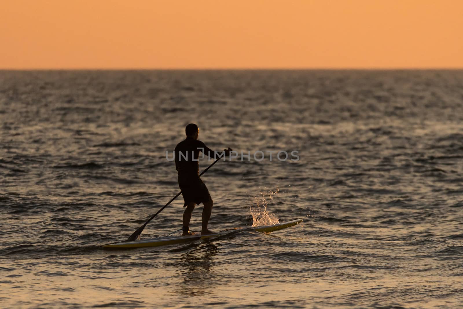 Man paddleboarding in open water at sunset