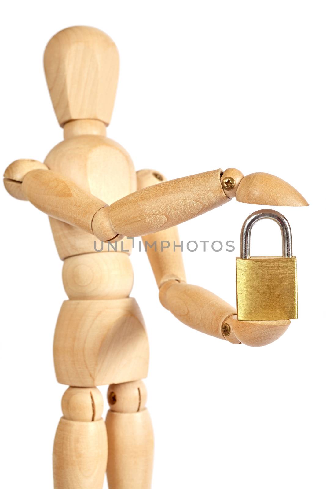 Wooden puppet and padlock by Portokalis
