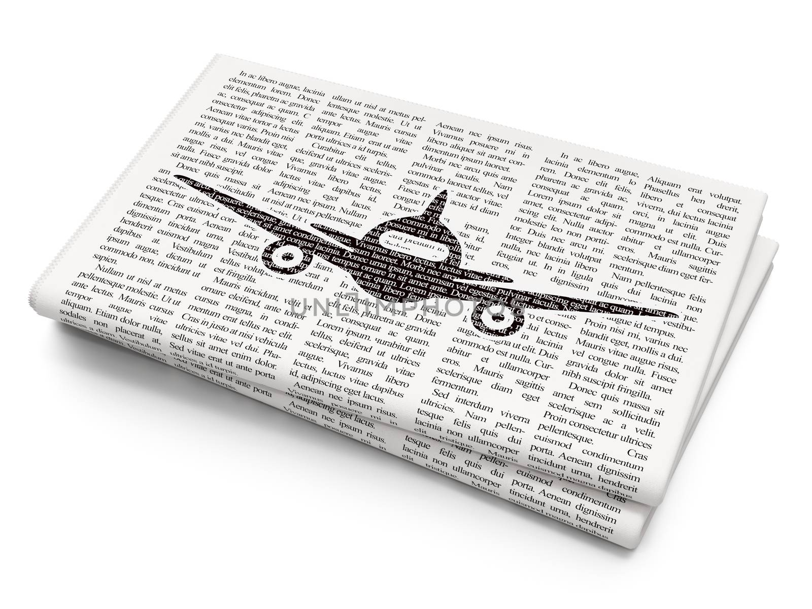Travel concept: Pixelated black Aircraft icon on Newspaper background, 3D rendering