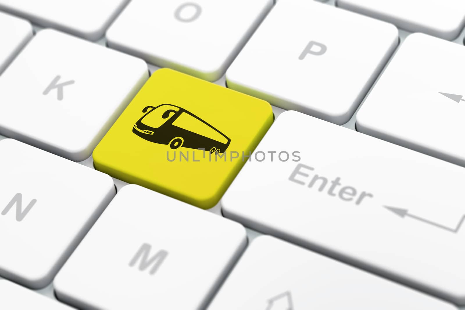 Travel concept: computer keyboard with Bus icon on enter button background, selected focus, 3D rendering