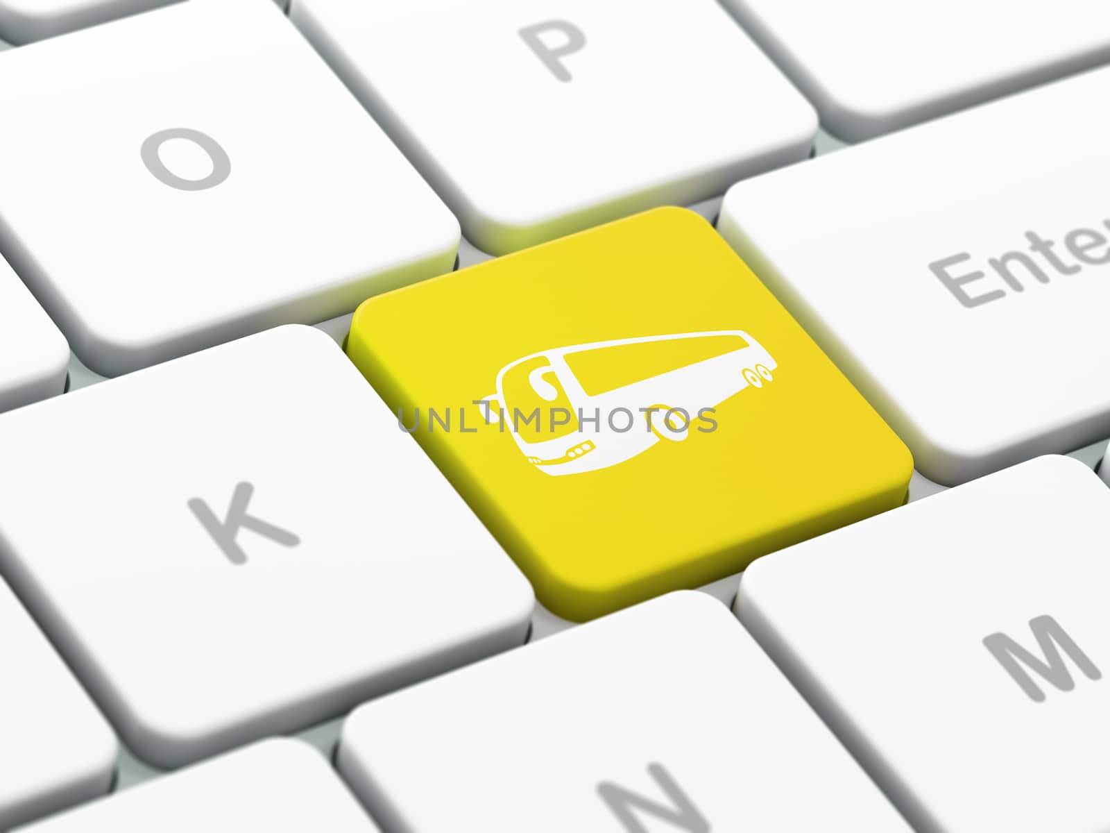 Tourism concept: computer keyboard with Bus icon on enter button background, selected focus, 3D rendering