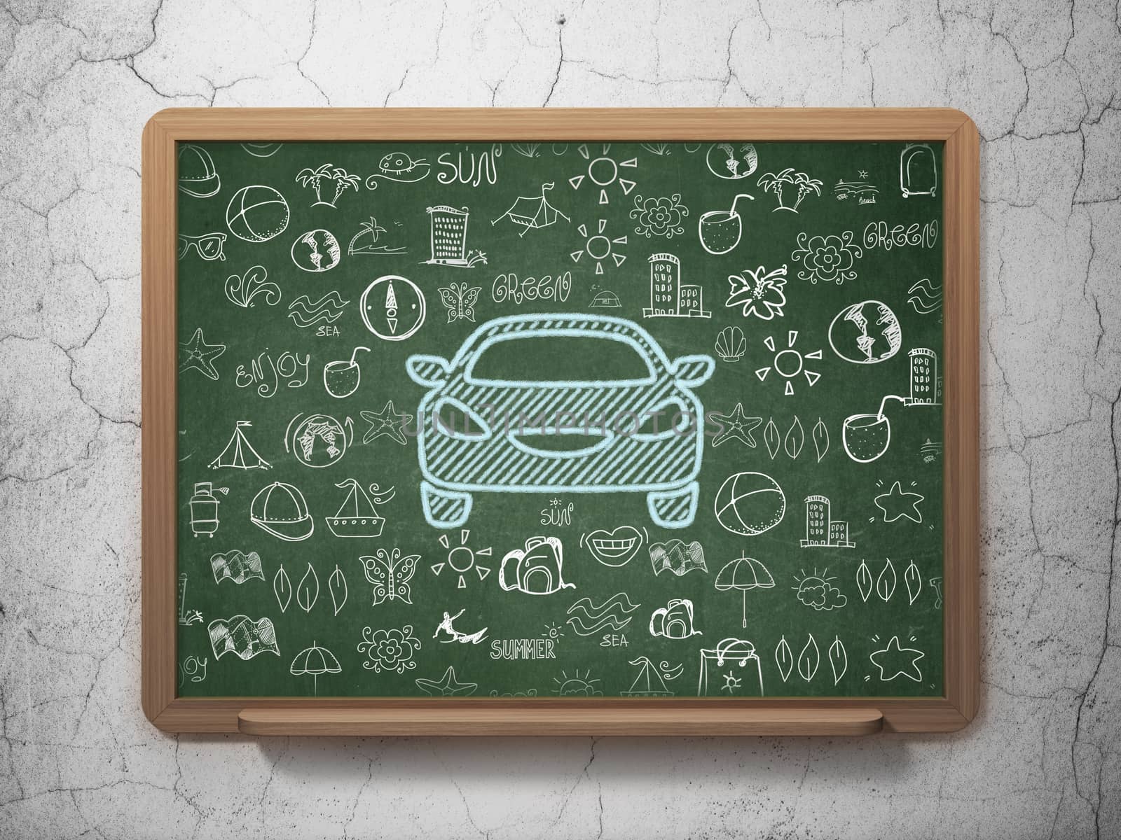 Travel concept: Chalk Blue Car icon on School board background with  Hand Drawn Vacation Icons, 3D Rendering