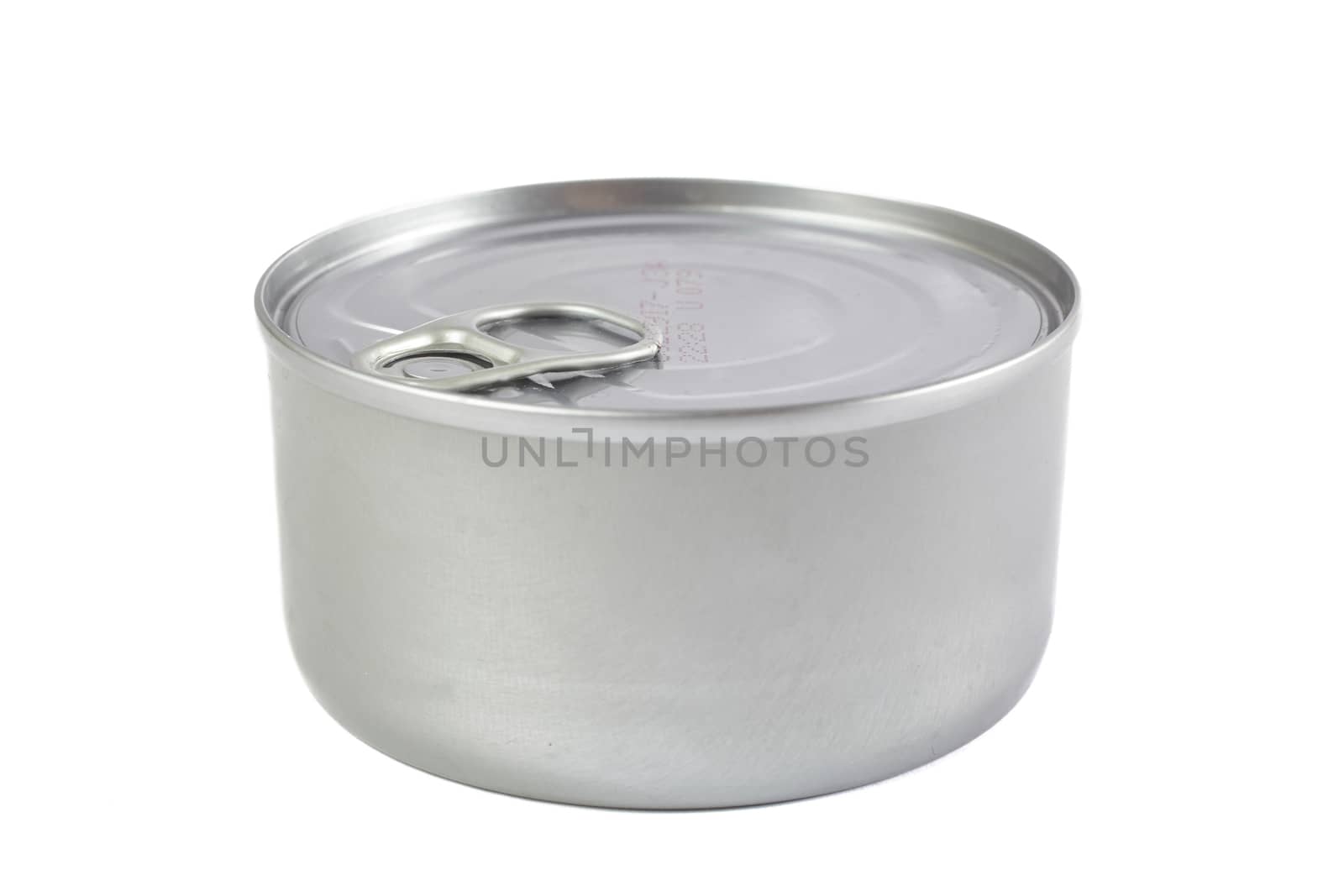 Single metal food can. Side view. Isolated on white