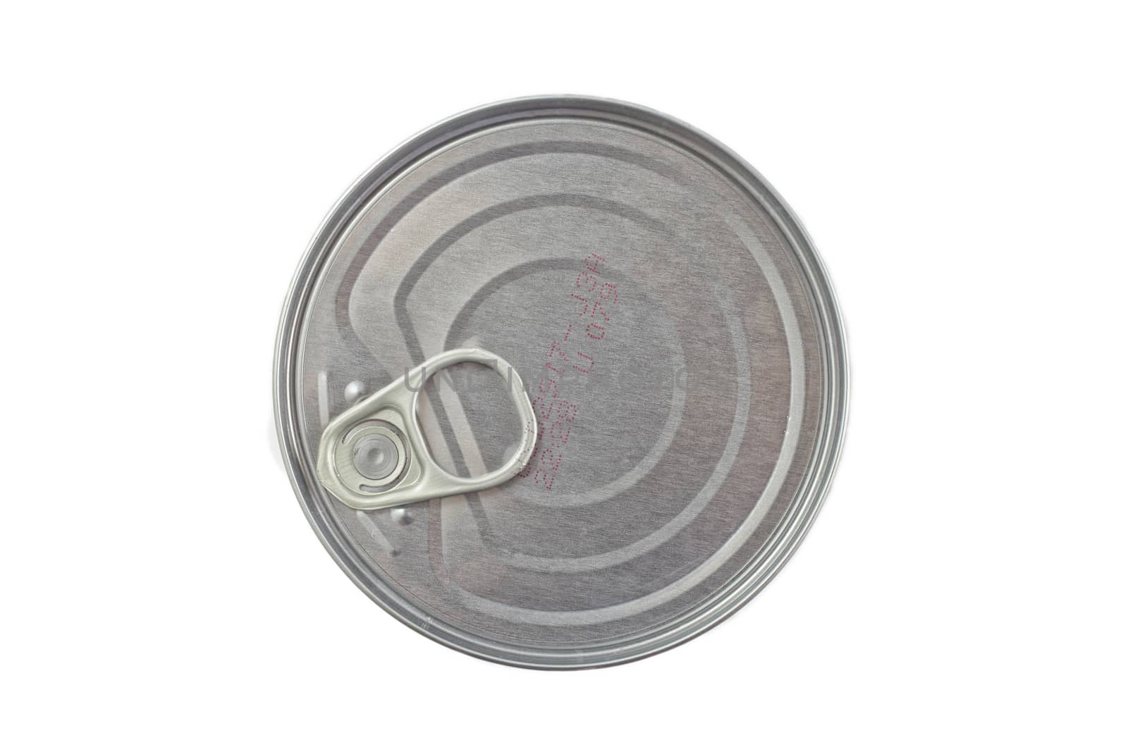 Single metal food can. Top view. Isolated on white