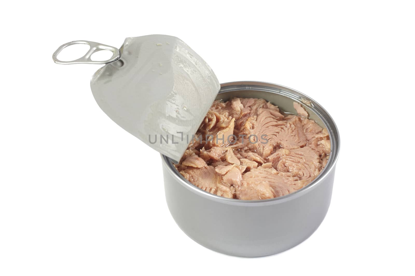 Open tuna tin on a white background