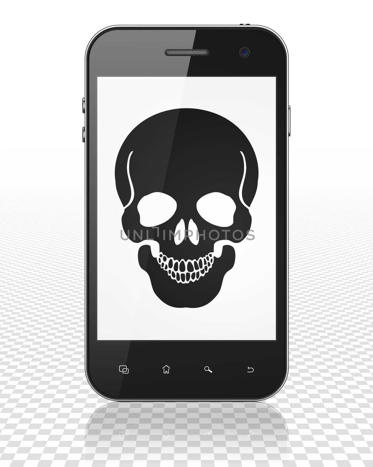 Health concept: Smartphone with black Scull icon on display, 3D rendering
