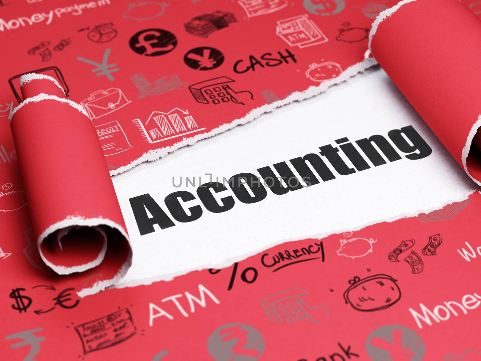 Banking concept: black text Accounting under the curled piece of Red torn paper with  Hand Drawn Finance Icons, 3D rendering