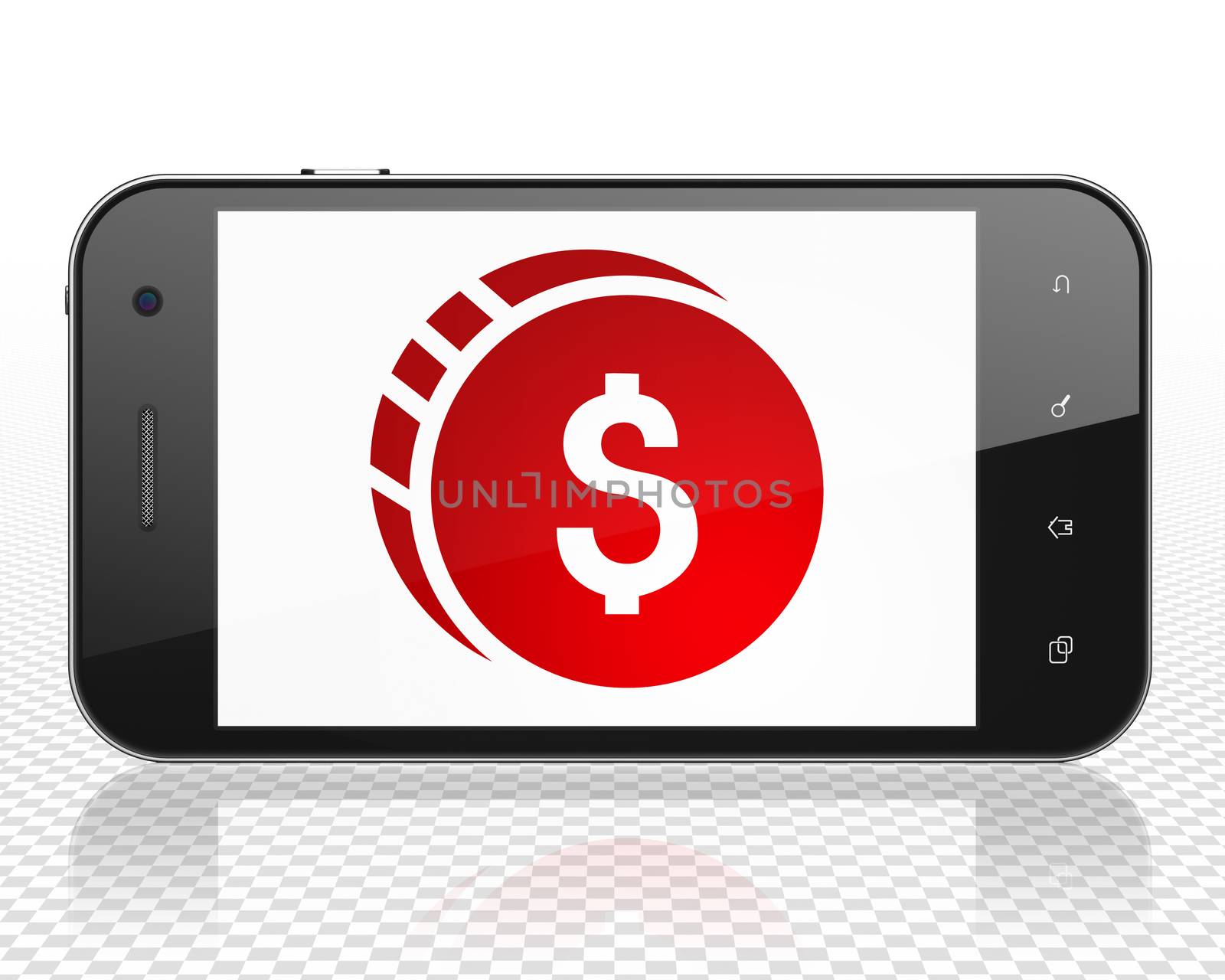 Money concept: Smartphone with red Dollar Coin icon on display, 3D rendering